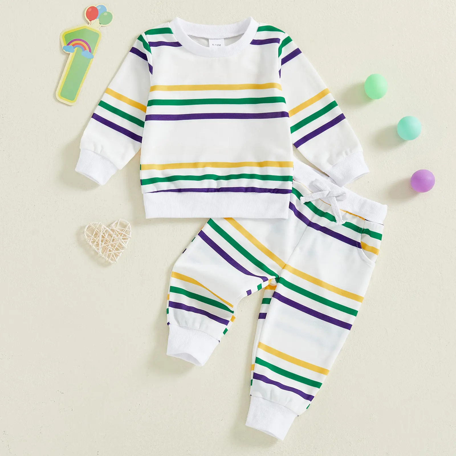 Toddler Baby Boy Mardi Gras Outfit Contrast Striped Long Sleeve Sweatshirt and Joggers 2 Piece Set 0-3 Years