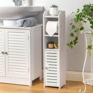 Toilet Paper Holder Stand: No Drill PVC Small Bathroom Cabinet for Apartment Dwellers - Rental Deposit Protection - Small Space Storage Saving