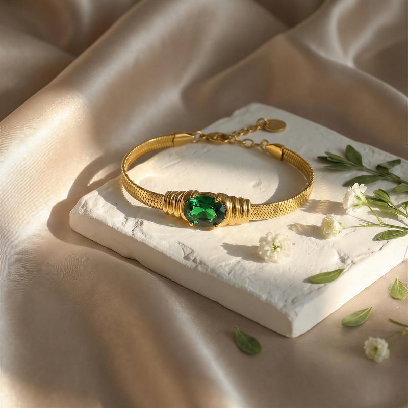 Fanzq 16k Gold Bracelet with Emerald Gem | Vintage Luxe Statement Jewelry for Party/Daily ,gifts for women,gifts for girlfriend,christmas gifts for gf,gifts for mom,mom gifts