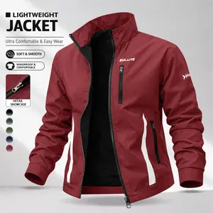 Men’s letter-print stand-collar windbreaker jacket made from lightweight, abrasion-resistant fabric featuring multiple zippered pockets—a stylish casual sports top suitable for cycling and everyday commuting; a perfect choice for spring and summer wear.