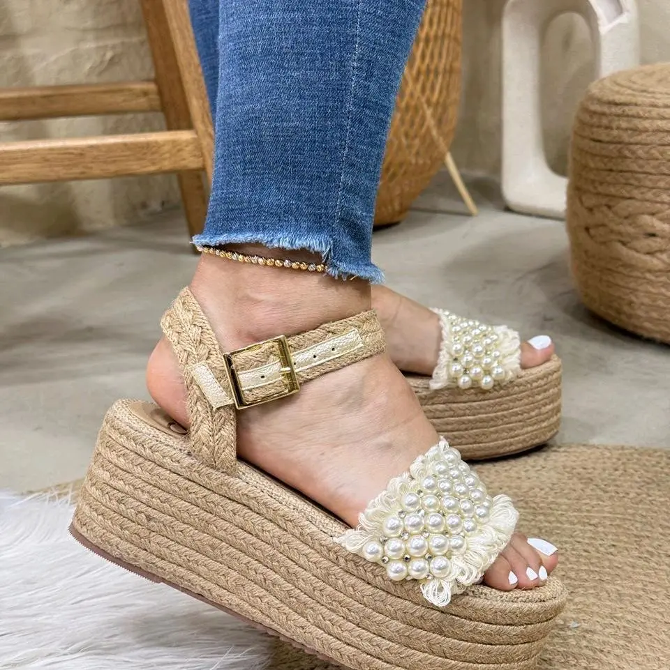 Lina//Sandal with Pearl Detailing - Beige Platform Sandals for Stylish Wear