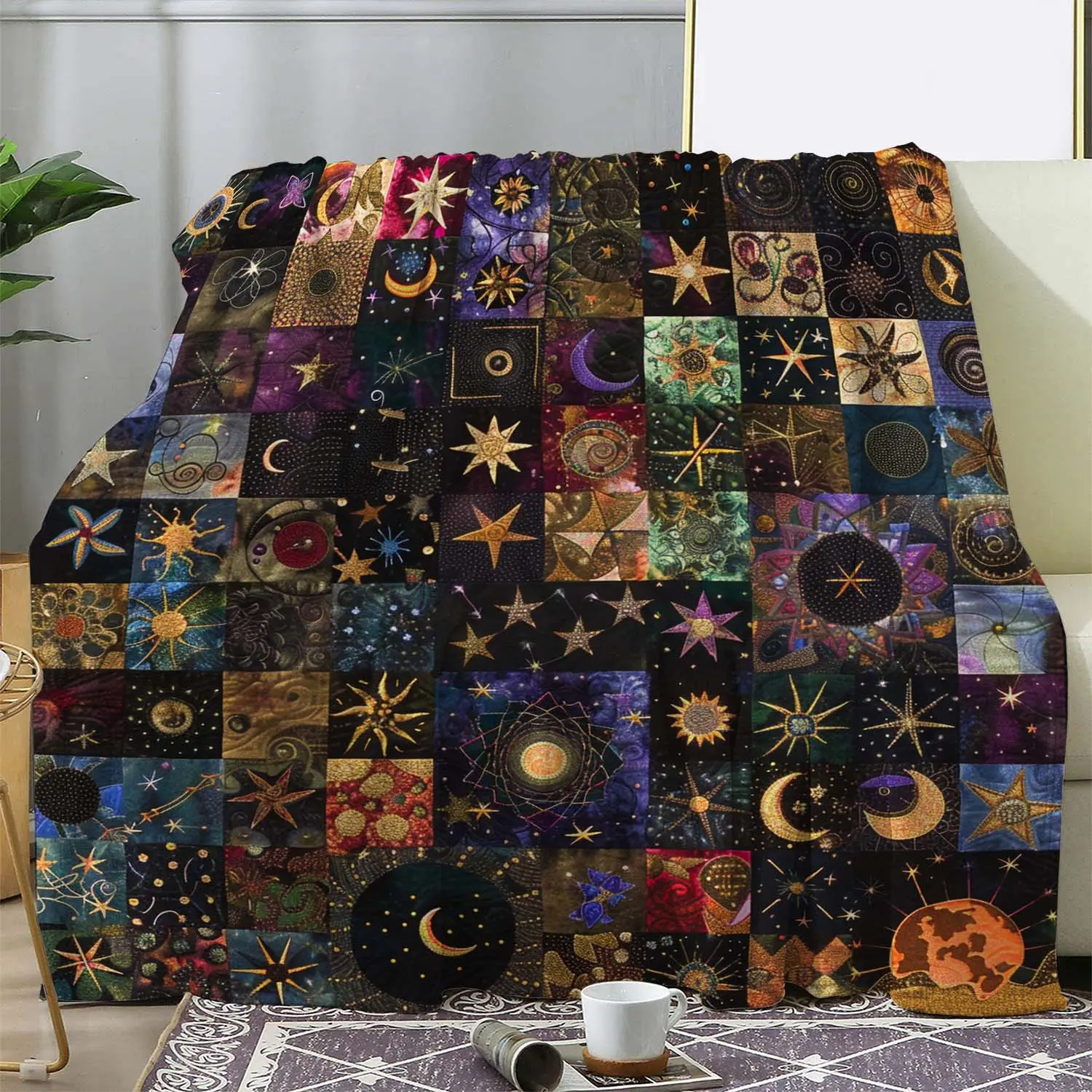 1-Piece Flannel Throw Blanket, 100% Polyester Multi-Size Plaid Star Moon Print, Soft Breathable Warm Cozy All-Season Blanket, Suitable for Sofa, Camping, Soft Breathable Blanket