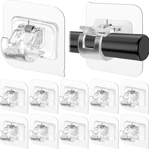 12PCS Transparent Self-Adhesive Curtain Rod Holders, Nail-Free No-Drill Adjustable Clip Brackets with ABS+Steel, Stainless Steel Components, Glass/Tile Ready Peel-Press Install for Home Windows, Kitchen