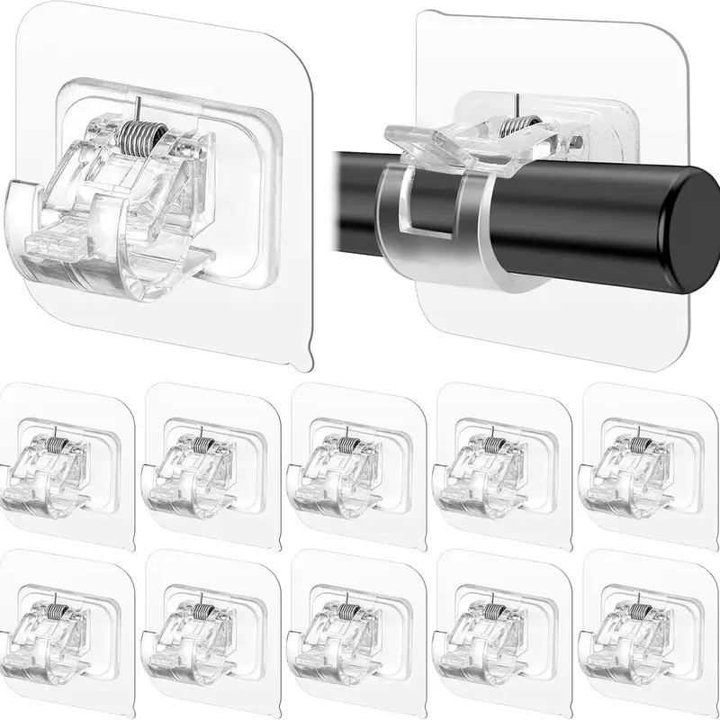 12PCS Transparent Self-Adhesive Curtain Rod Holders, Nail-Free No-Drill Adjustable Clip Brackets with ABS+Steel, Stainless Steel Components, Glass/Tile Ready Peel-Press Install for Home Windows, Kitchen