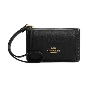 Coach Card Case with Letter Logo, Zip Closure, Genuine Leather, Mini Wallet for Women, Black