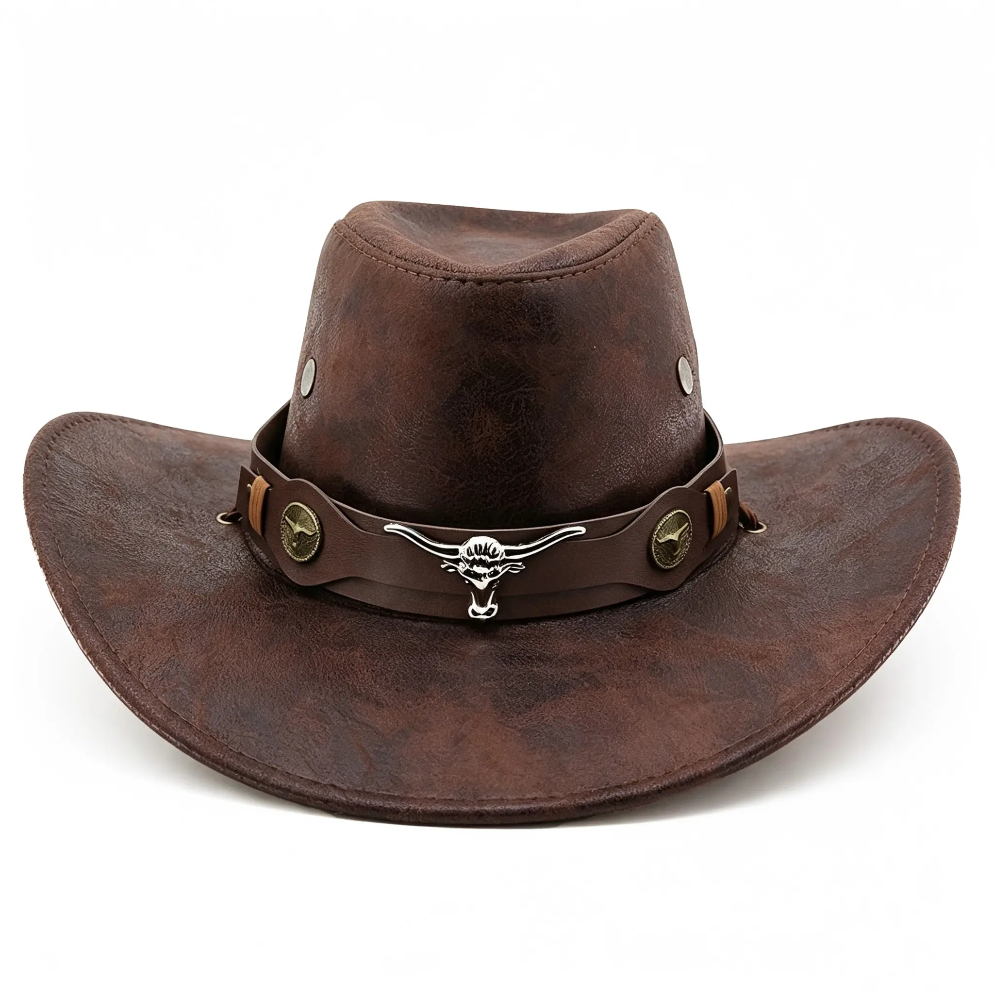Arthur Morgan Cowboy Hat for Men & Women, Vintage Cracked PU Leather with Bull Skull Band & Adjustable Strap for Casual Business, Memorial Day, Ceremony, Bull Skull Metal Band, Crafted From Cracked Faux Leather, Adjustable Fit Hat, Rodeo Outfit Inspo
