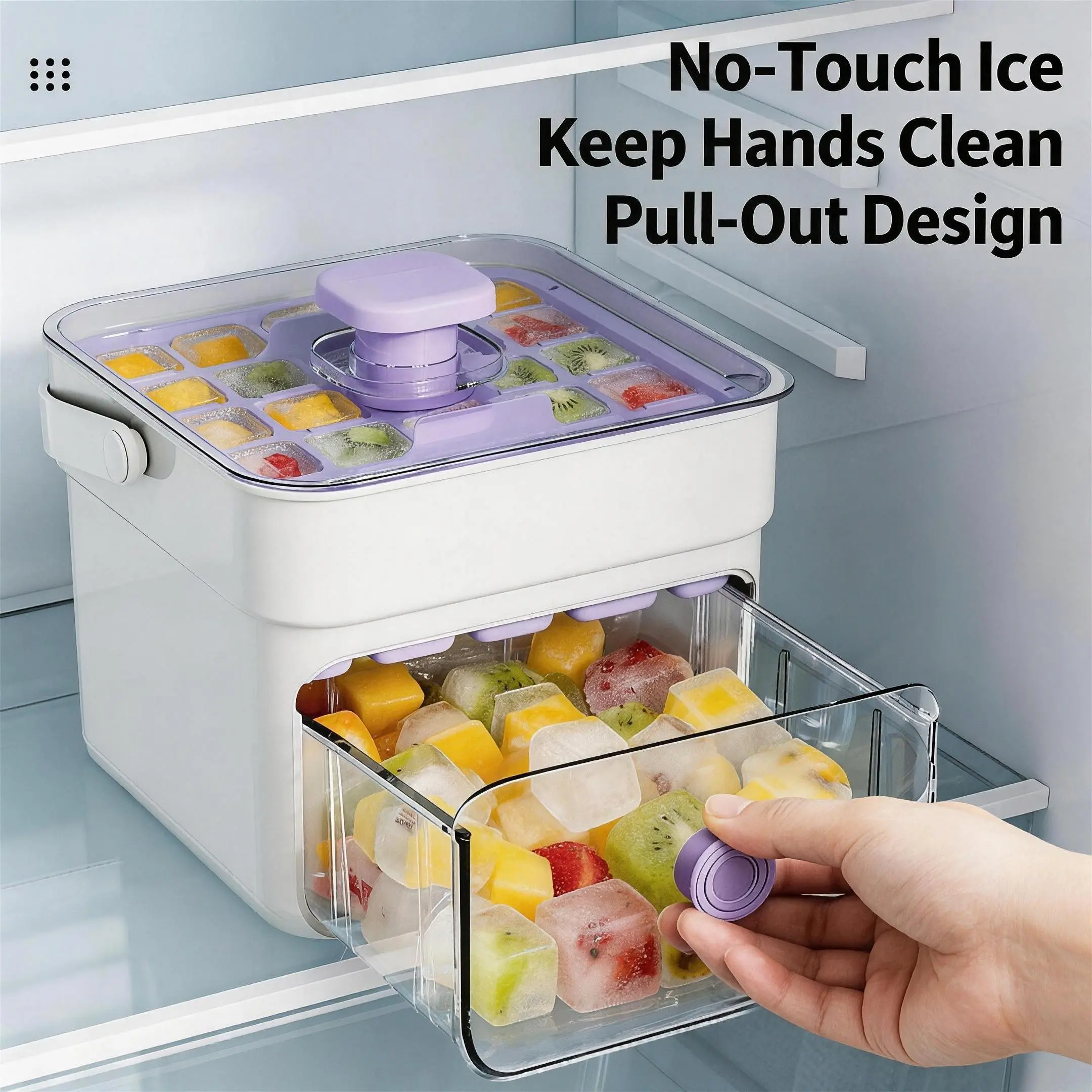 Double-Layer 50-Ice-Cube Tray, Easy-Press Ice Maker with Bin & Scoop, Ice Cube Mold, Large Capacity Food-Grade Ice Storage Tray, Perfect for Kitchen Essentials, Iced Coffee, Cocktails, Soda, Smoothies & Parties, Ice Molds