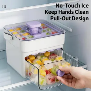 Double-Layer 50-Ice-Cube Tray, Easy-Press Ice Maker with Bin & Scoop, Ice Cube Mold, Large Capacity Food-Grade Ice Storage Tray, Perfect for Kitchen Essentials, Iced Coffee, Cocktails, Soda, Smoothies & Parties