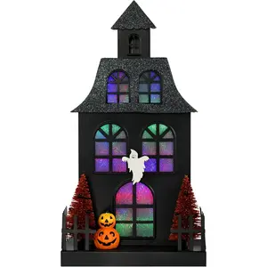 Halloween Haunted House Black Spooky Haunted Mansion Decorations with Color Changing Lights Handcrafted Pumpkin Trees Ghost for Festival Party Table Decor (Pumpkin)