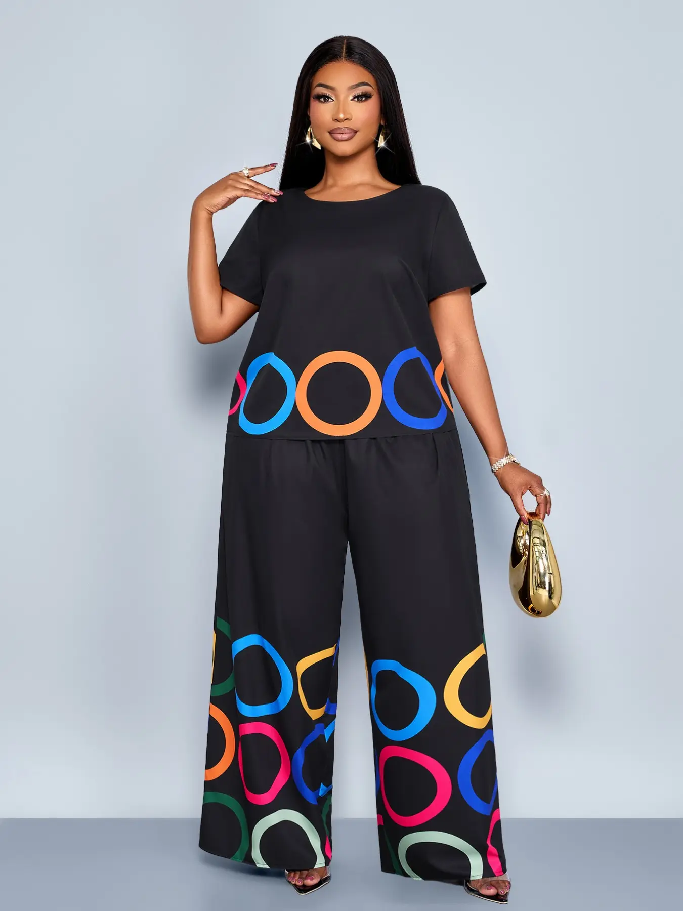Two-Piece Summer Wear Fashion Chic Fit Women's Set, Print Long Pants, Round Neck Short Sleeve Top, High Waist Pocket Straight Leg, Plus Size Clothes