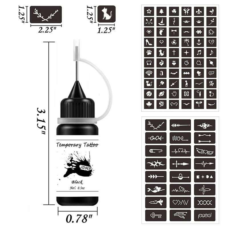 Temporary Tattoo Kits, Semi Permanent Tattoo Jagua Freehand Ink with 84 Adhesive Stencils, 4 Bottles Black Tattoo Ink Kit Inkbox DIY for Women Men Body Art Painting Makeup Pigment Cosmetic