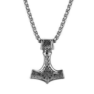 OIDEA Viking Style Stainless Steel Thor Hammer Necklace for Men, Rust-Resistant Norse Mjolnir Celtic Knot Amulet Pendant, 21-Inch Steel Necklace Pagan Birthday Gift for Teen Boys, Rust-Resistant Necklaces, Steel Necklaces