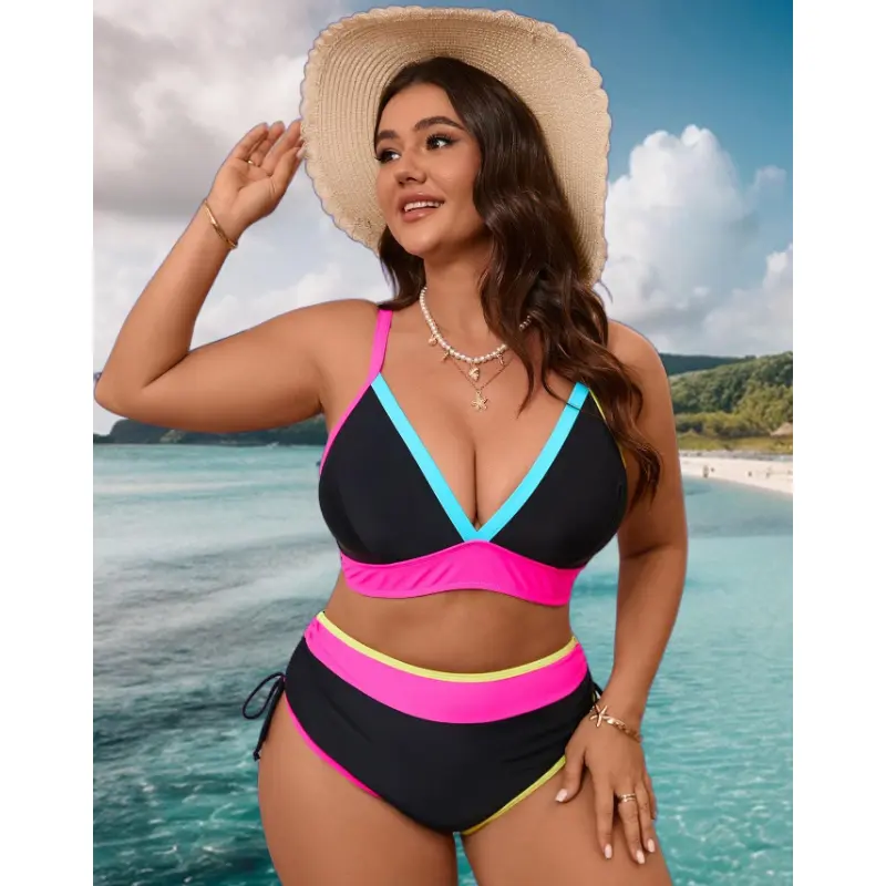 Plus Size Color Block Two Piece Bikini 2026 Trendy High Waist Split Bathing Suit Deep V Neck Adjustable Straps Open Back Sexy Side Tie Swim Bottoms For Vacation Seaside Resort And Water Activities