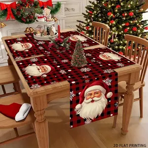 2D flat printing, 1 piece/4 pieces/6 pieces/5 pieces set/7 pieces set, Santa Claus checkered pattern table flag with placemat set, very suitable for holiday parties, family gatherings, and daily table decoration, Christmas table decoration
