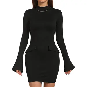 Women's 2026 Fall Chic Soft Comfortable Mock Turtle Neck Long Sleeve Bodycon Mini Dress with Decorative Pockets, Elegant Everyday Formal Business Party Club Wear