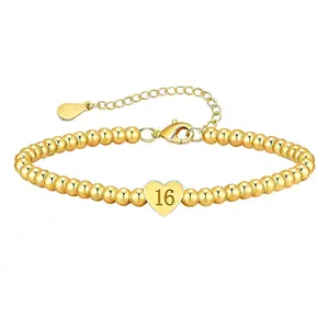 Birthday Bracelet for Women Girls, Stainless Steel Heart Charm Beaded Bracelet with Number Pendant and Birthday Card, Adjustable Gift for 16th 18th 21st 30th 40th Birthday