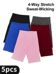 5pcs Women'S High Waisted Biker Shorts, Tummy Control, Athletic Workout Running Yoga Gym Shorts,  Medium Stretch, Solid Color, All-Season, Pocket