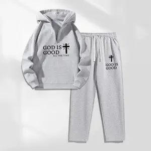 Men’s GOD Letter Print Zipper-Collar Hoodie & Drawstring Sweatpants Set with Pockets, Casual Athletic Long Sleeve Hooded Jacket and Jogger Pants, Fall Winter Activewear, Everyday Wear for Indoor & Outdoor Sports, Tracksuit Set