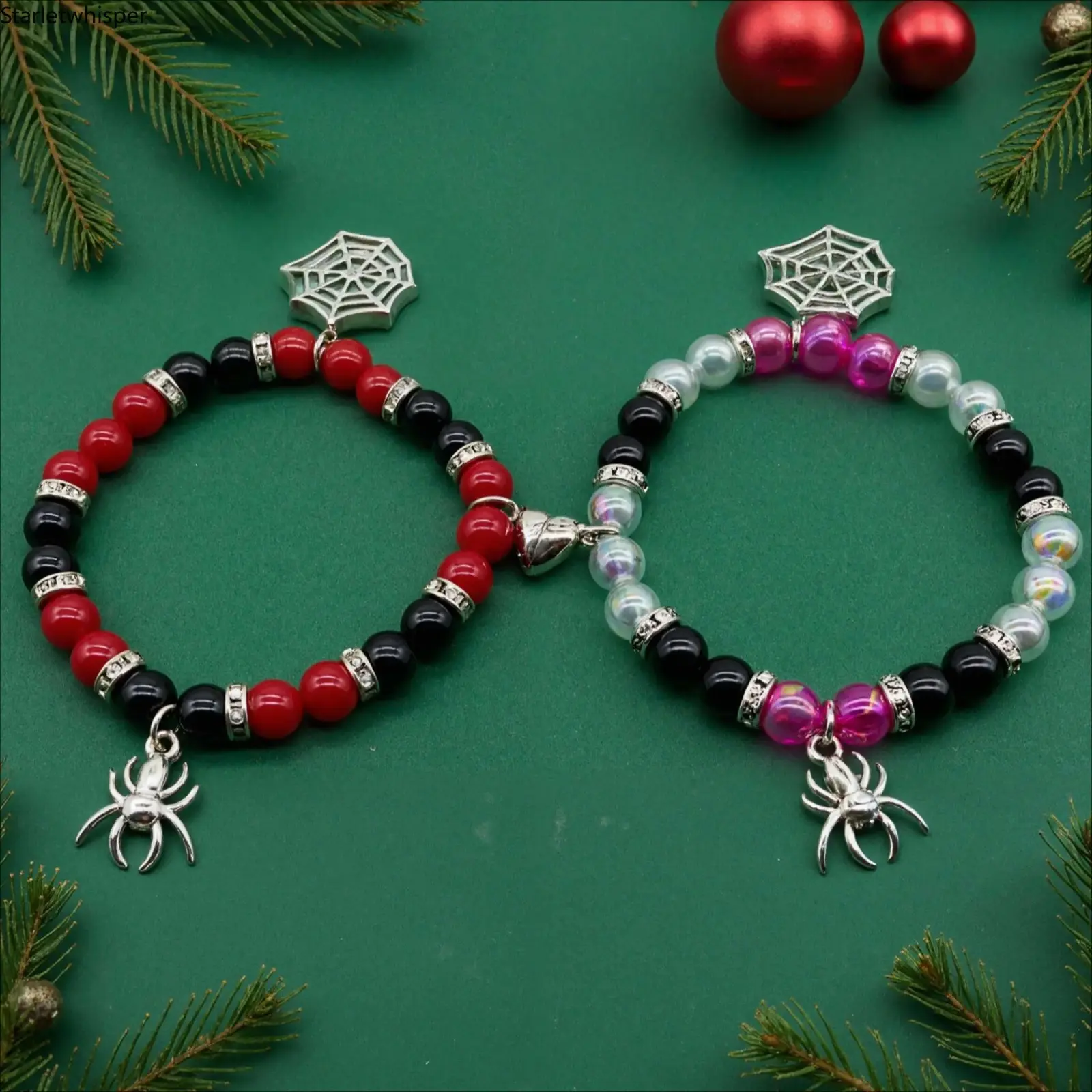 Halloween Couple Beaded Bracelet Set, Red & Black Spider Charm Gothic Matching Jewelry, Dark Aesthetic Trendy Accessories, Romantic Love Gift for Him & Her, Perfect for Halloween Party, Holiday & Daily Styling