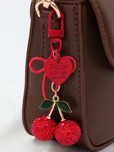 1pc Big Size Red Rhinestone Cherry Keychain, Sparkling Red Cherry Pendant with Green Leaves, Red Heart & Bow Charms, Alloy Metal, Birthday Gift for Women, Decorative Charm, Fashion Accessory, Keychain Accessories, Stylish Charm, Fashion Lovers