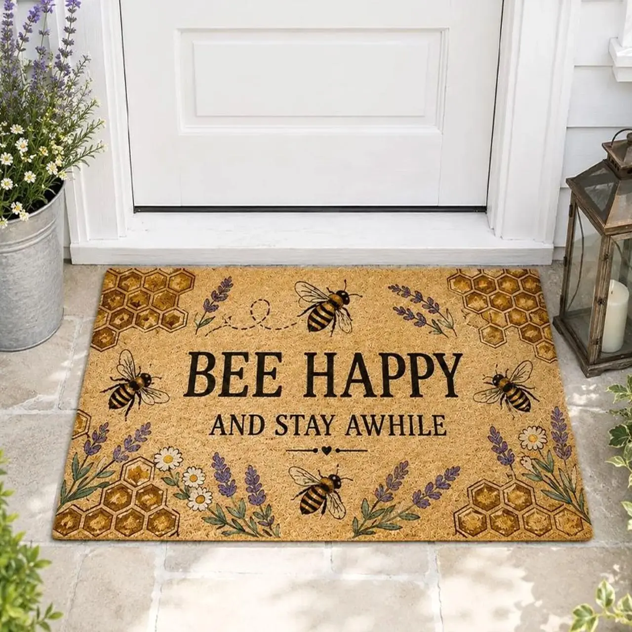 Bee Happy Doormat,Lavender Bee Welcome Mat,Honeycomb Door Mat,Summer Farmhouse Porch Decor,Bee Lover Gift