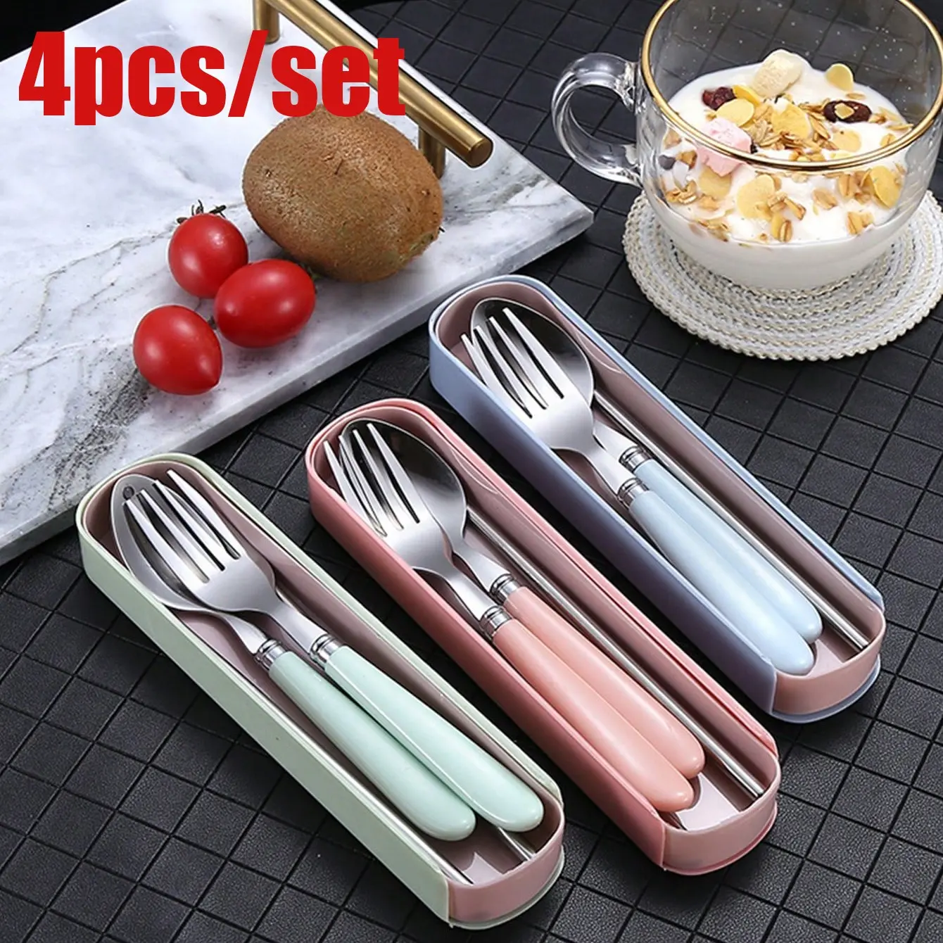 Reusable Travel Cutlery Set with Storage Box, Portable Plastic Fork Spoon Knife, Camping Dining Utensils, Outdoor Camping Supplies, Outdoor Picnic, Picnic Essentials, Kitchen Tools, Portable Tableware Set