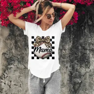 Ready-To-Press DTF Print - Baseball Mama Design, Leopard Bow & Check Background, Direct-To-Film Print for T-Shirts (DIY Printmaking Embossing Accessory)