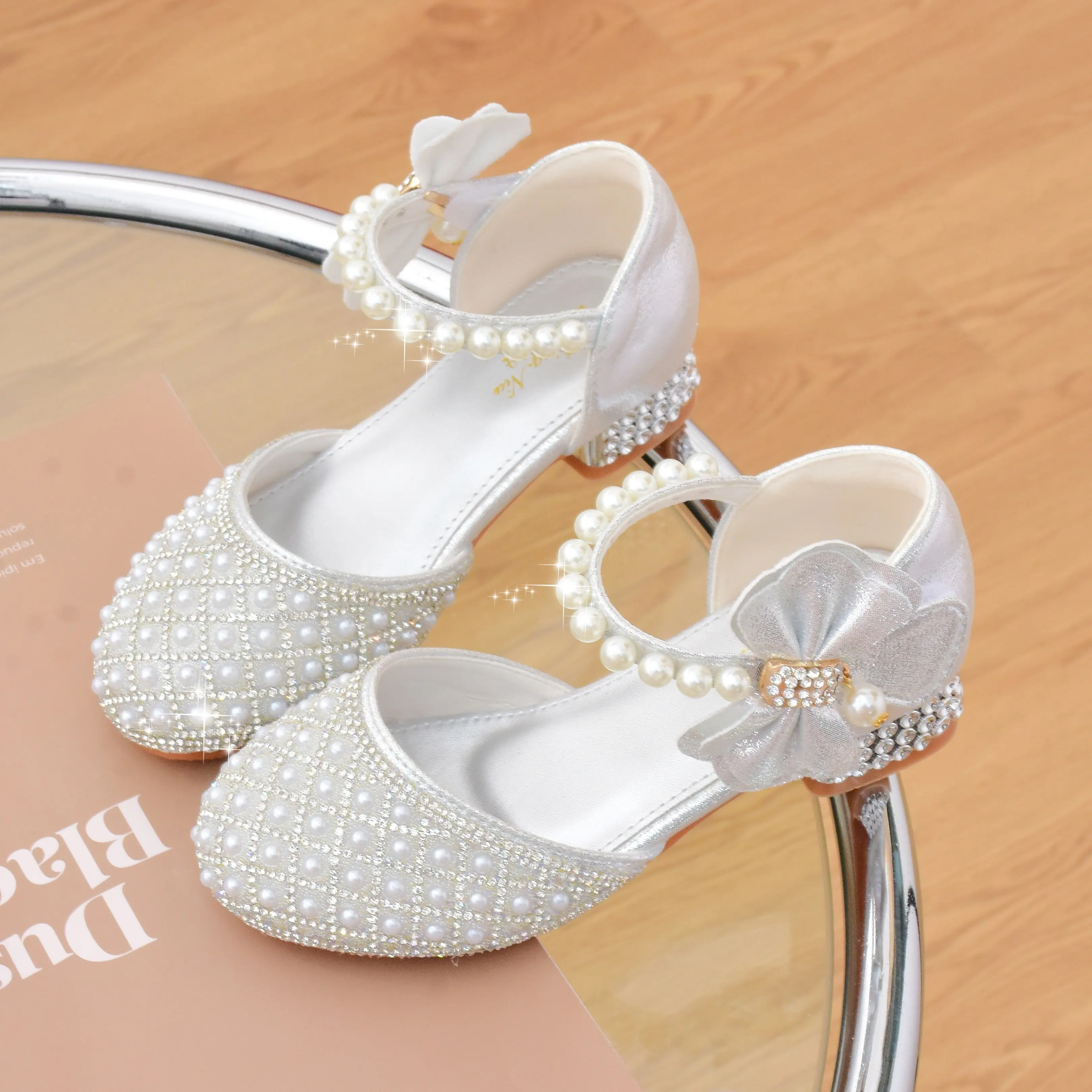 Women's Glitter Rhinestone Heels with Pearl Bow, Round Toe Block Heel, Non-Slip Faux Leather Sole & Insole, Ideal for Wedding, Night Out - Spring/Fall Collection