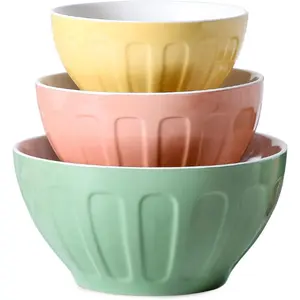 Ceramic Mixing Bowls for Kitchen, 3-Piece Large Colorful Serving Bowls, 3.13/1.68/1.18 Qt Deep Microwaveable Nesting Bowl, Stackable and Functional, Ideal Gift