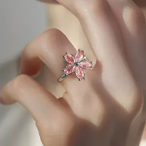 Women's 360-Degree Rotatable Sakura Pink Cubic Zirconia Flower Anxiety Relief Ring Set, Daily Fashion Costume Jewelry Accessory