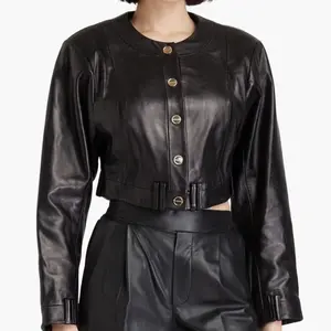 Sierra Button-Up Cropped Leather Jacket