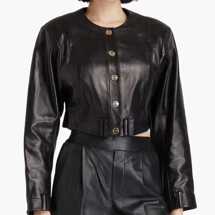 Sierra Button-Up Cropped Leather Jacket