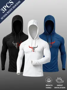 Men's Bull Head Long Sleeve Hooded T-Shirt Set, Comfortable Breathable Elastic Fabric, Multiple Colors, Essential for Spring Casual Wear, Hooded Top