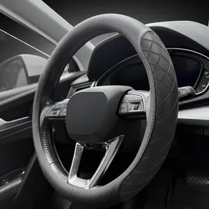 Nappa Leather Steering Wheel Cover, Elegant  Checkered Design, Non-Slip wear-Resistant, Enhance Driving Comfort, Suitable for Steering Wheel Diameter 14 1/2-15 Models.Black