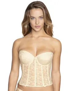 Dominique Annabel Longline Lace Strapless Bra #7749 - Low Back Plunge Bridal Corset with Full Coverage Cups & Detachable Garters - Supportive Shapewear Bustier for Wedding Dresses - Ivory