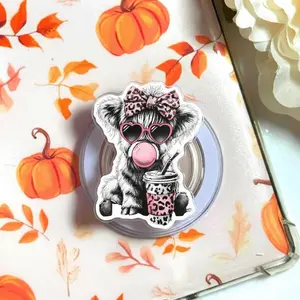 Highland Cow Pink Coquette Phone Grip, Cute Girly Farm Aesthetic Magsafe Magnetic Kickstand Holder, Sweet Trendy Gift For Her