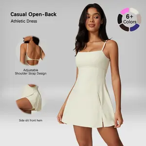 Women's Summervibes Solid-Color Spaghetti-Strap Dress with Shorts, High-Stretch Open-Back Tennis Yoga Wear Ideal for Outdoor Sports, Hiking, Running, Gym, Golf The Ultimate Choice in Women's Athletic-Style Apparel Outdoor Fun