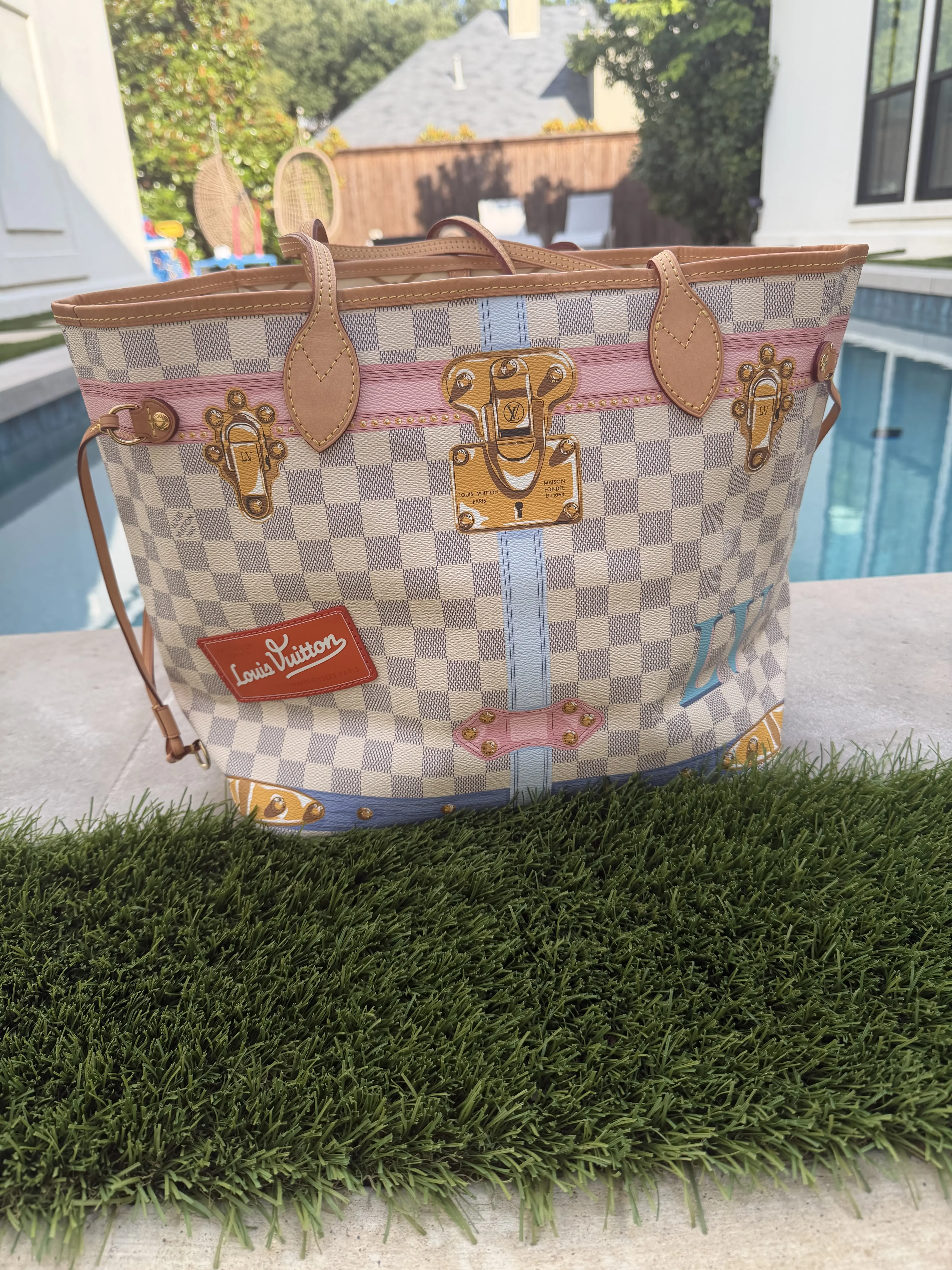 Pre-owned Louis Vuitton Canvas Tote Bags Neverfull MM Summer Trunks Damier Azur Shoulder Bag