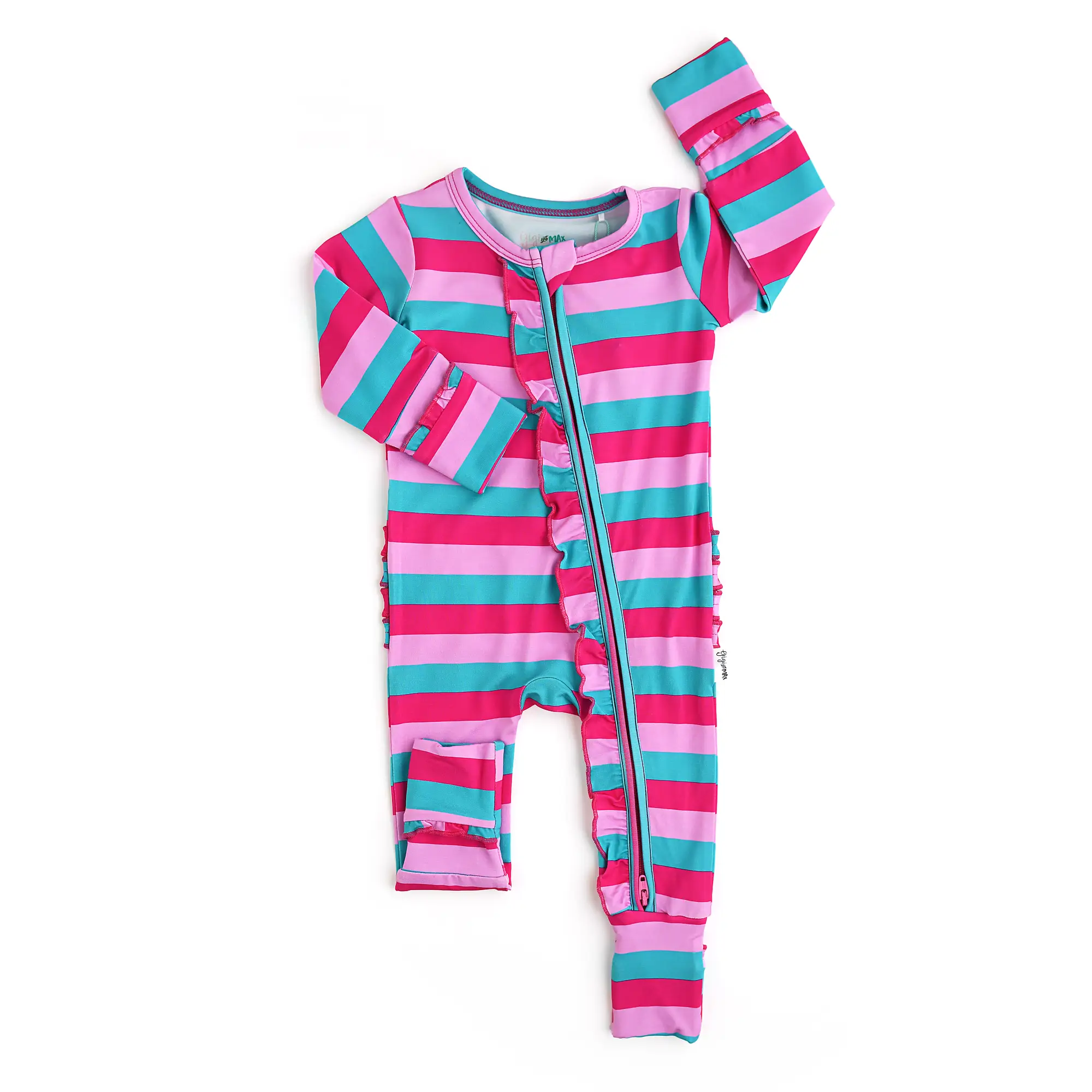 Maddie Stripe Ruffle Zip Bamboo Baby Outfit Valentines Day
