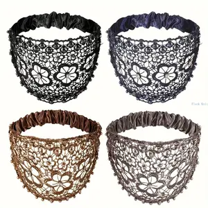 4-Pack Boho Lace Headbands with Faux Pearls, Wide Hollow Hair Wraps, Vintage Stretch Beaded Hair Accessories for Women