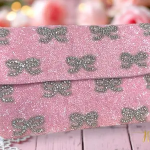 Pink Coquette Beaded Bow Rhinestone Clutch | Beaded Handbag | Beaded Clutch | Evening Handbag | Crossbody Handbag