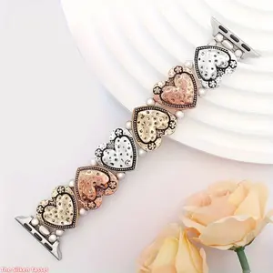 Simple Heart Engraved Stretch Metal Chain Watch Band, Women Vintage Metal Bracelet Strap Compatible with Apple Watch Ultra 2 SE Series 9 8 7 6 5 4 3 2 1, 38mm 40mm 41mm 42mm 44mm 45mm 49mm, Perfect Valentine's Day Gift (Strap Only)