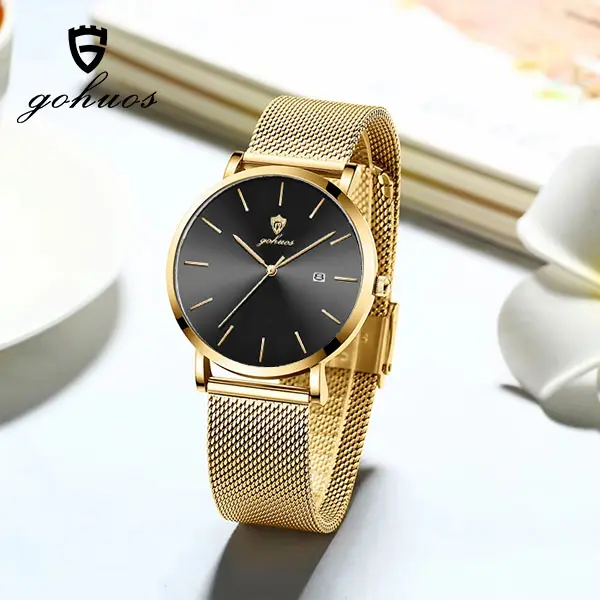 GOHUOS Men's Casual Watch with 40mm Green Round Dial, Stainless Steel Mesh Band, Analog Quartz Movement with Calendar, Water Resistant