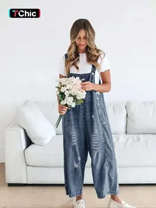 Blue Girls Casual Loose Wide Leg Ripped Denim Overalls Pants, Womenswear, Daily Wear, Spring Summer Fashion, Perfect for Dating