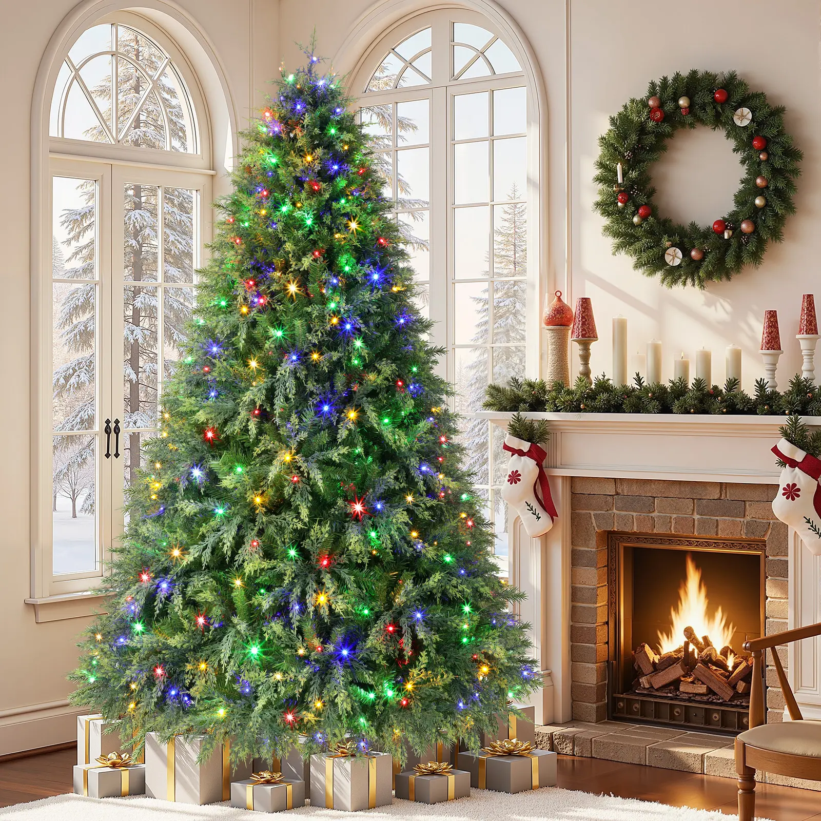 SHareconn 2026 Prelit Hinged PE+PVC Artificial Aspen Cypress Christmas Tree - 5.5/6.5/7.5/8FT Holiday Decor Ornaments, Waterproof Multicolor Lights, Durable Metal Frame, Detailed Leaves, Remote Control, Auto Power Off