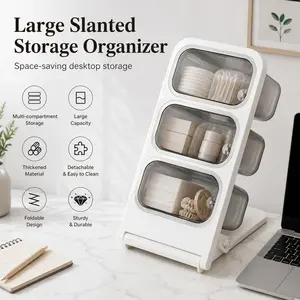 3-Tier Tilted Desktop Storage Organizer  Foldable Space-Saving Bins | Large Capacity Acrylic Vanity & Bathroom Counter Storage Box