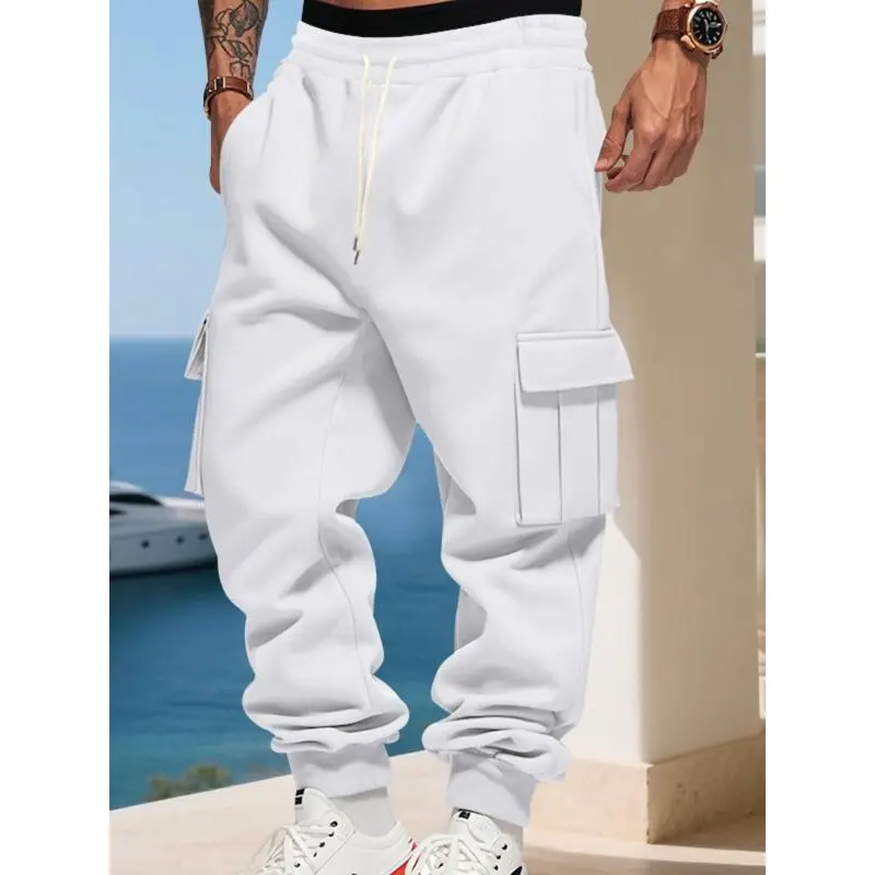 Men's Loose Fit Fleece Lined Cargo Pants, Casual Outdoor Workwear Sweatpants, Fall & Winter American Style Thickened Joggers, Plain