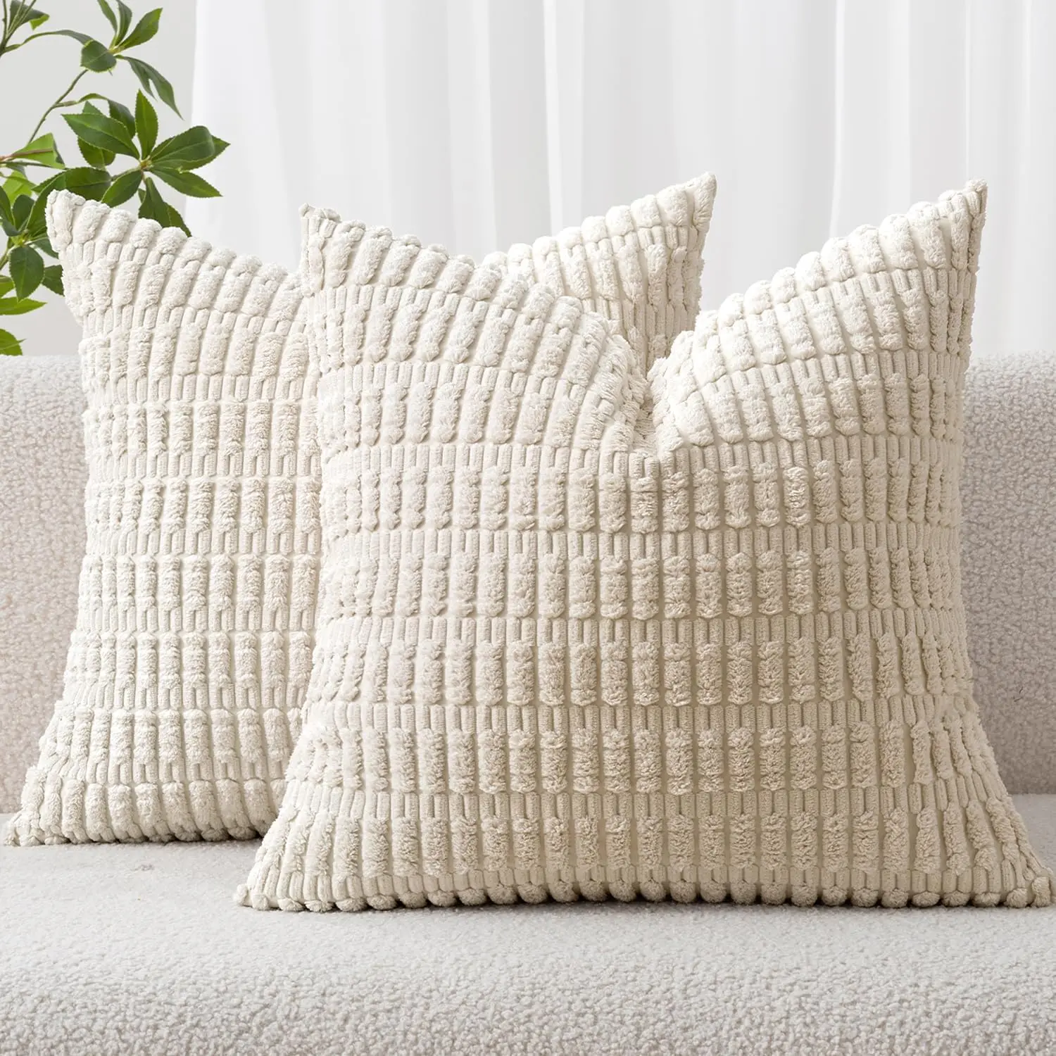 18x18 in 100% Polyester Corduroy Striped Decorative Throw Pillow Covers (Pack of 2, Cream White) - Soft, Wrinkle Resistant, Anti-Shrink, Hidden Zipper, Low Tumble Dry, Breathable, All Seasons Patio Ready Modern Farmhouse House Decor for Sofa, Bed, Room De