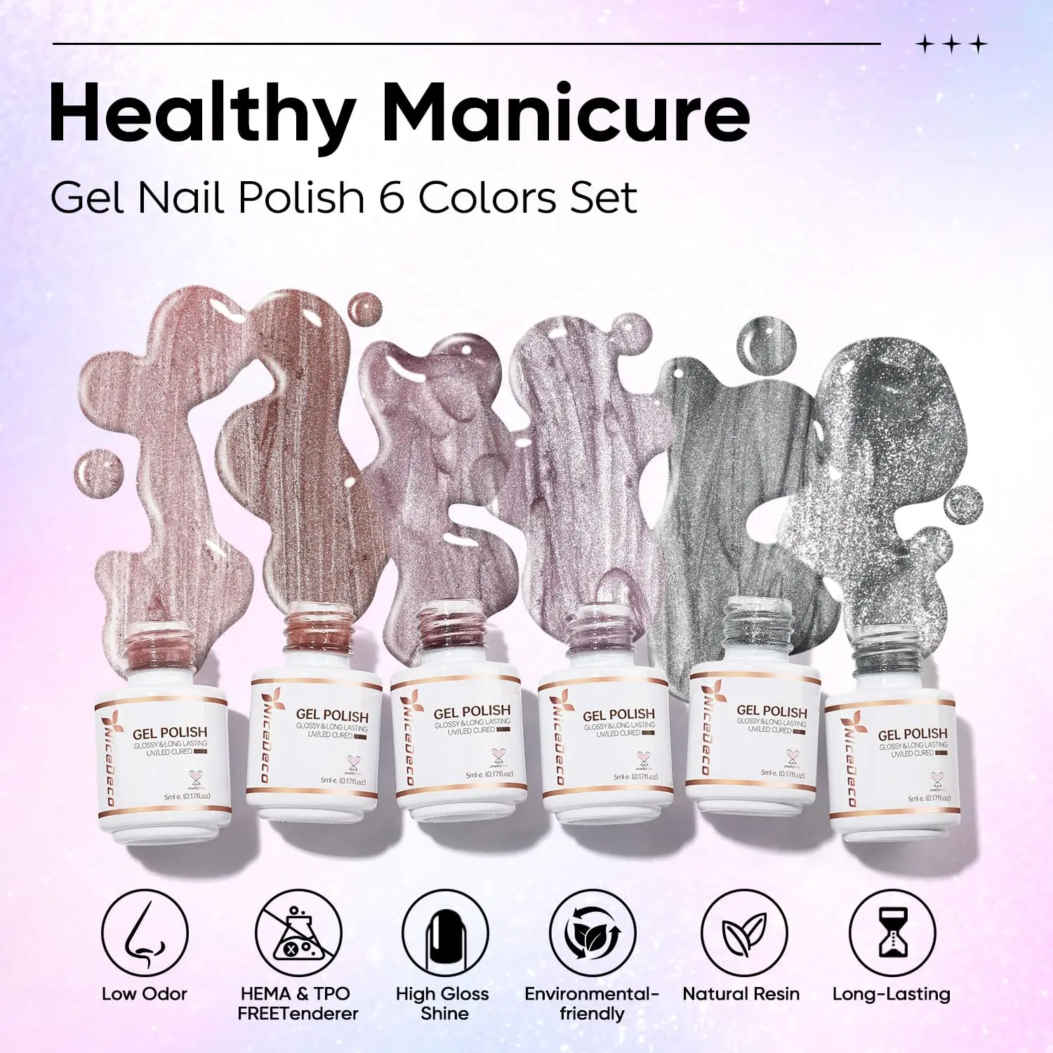 Nicedeco 6PCS 5ml Glassy Transparent Pink Magnetic Cat Eye Gel Polish Kit of with Magnet – Glossy Crystal Liquid Effect, Reflective Translucent Jelly UV Nail Polish, Long Lasting for Salon & DIY56