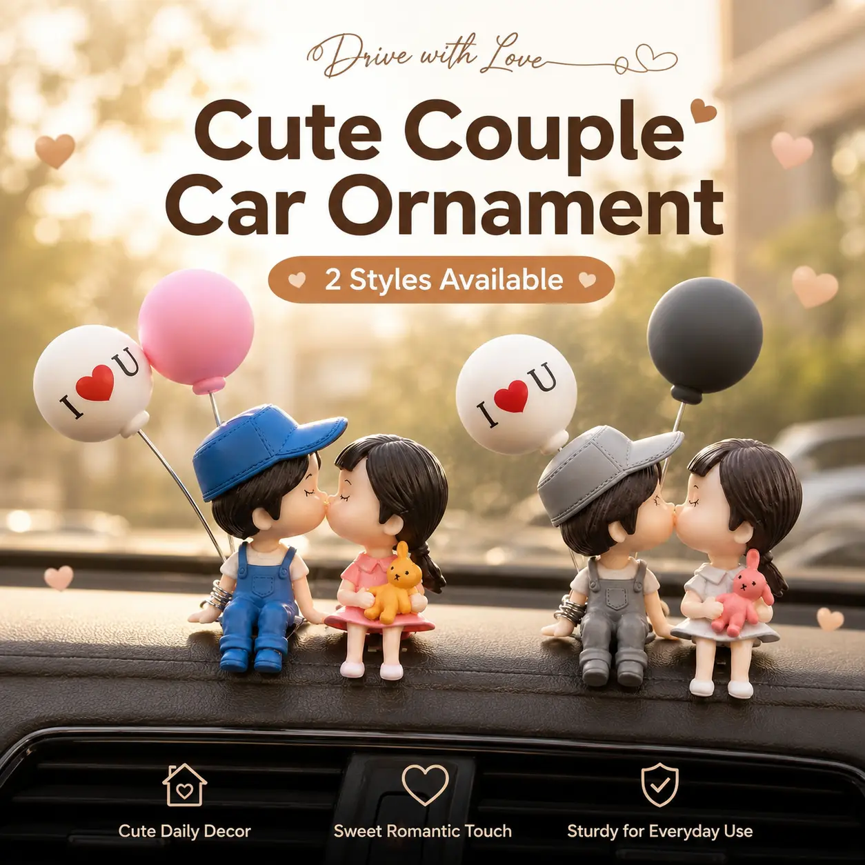 Cute Kissing Couple Car Dashboard Ornament Set, Playful Boy & Girl Figurine with Balloon Decor, Romantic Car Interior Decor Accessories, Anniversary Gift for Girlfriend